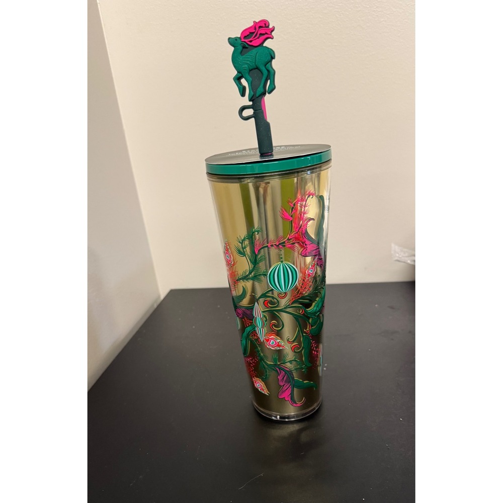 Starbucks‎ 2024 Limited Edition holiday Gold mug w ReinDeer Straw Topper 24 oz